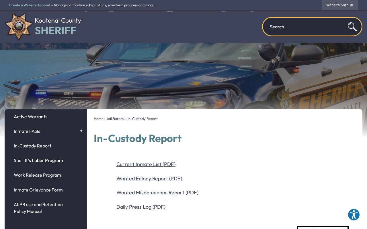 Kootenai County Sheriff's Office current custody report page