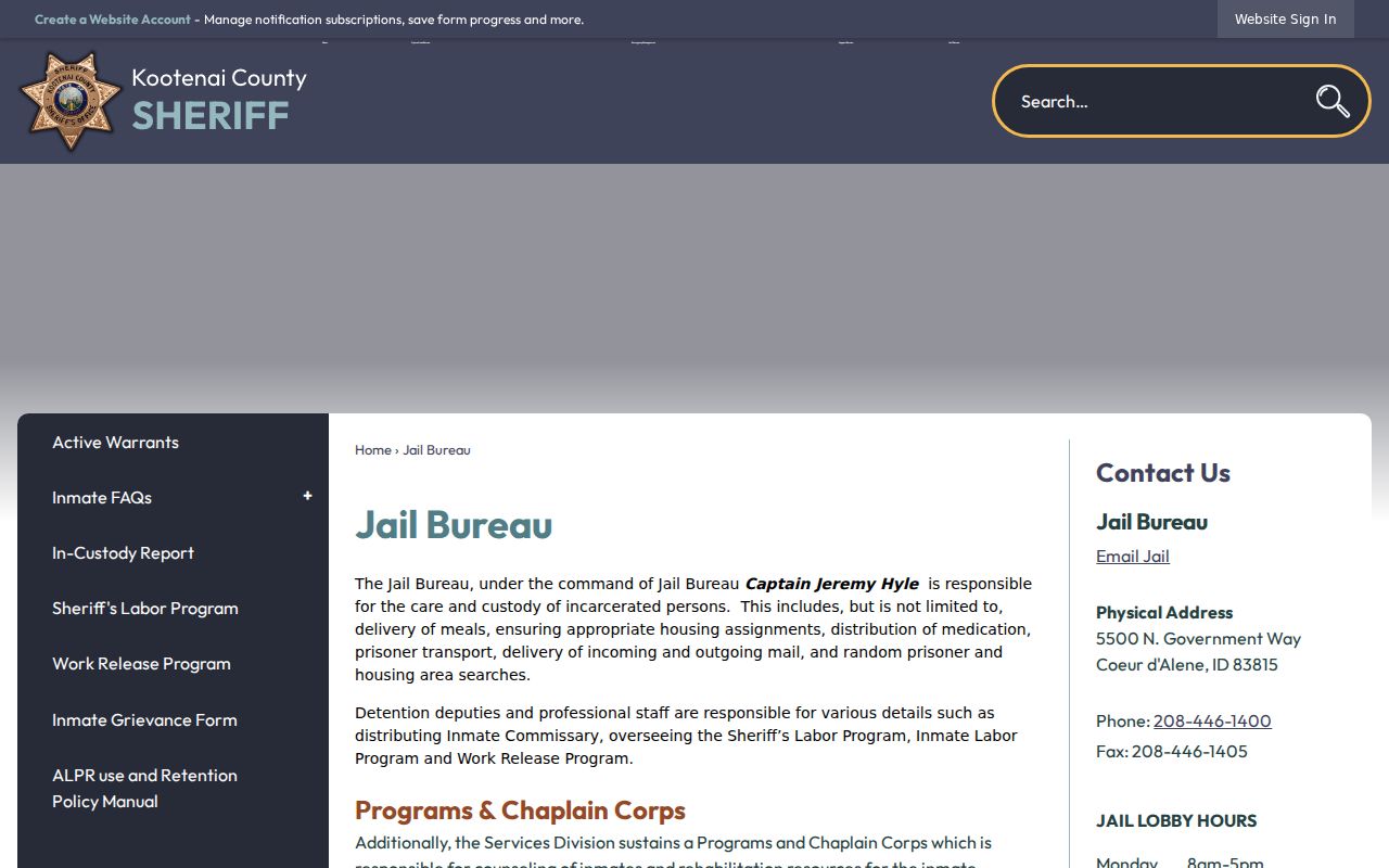 Kootenai County Jail Bureau official page