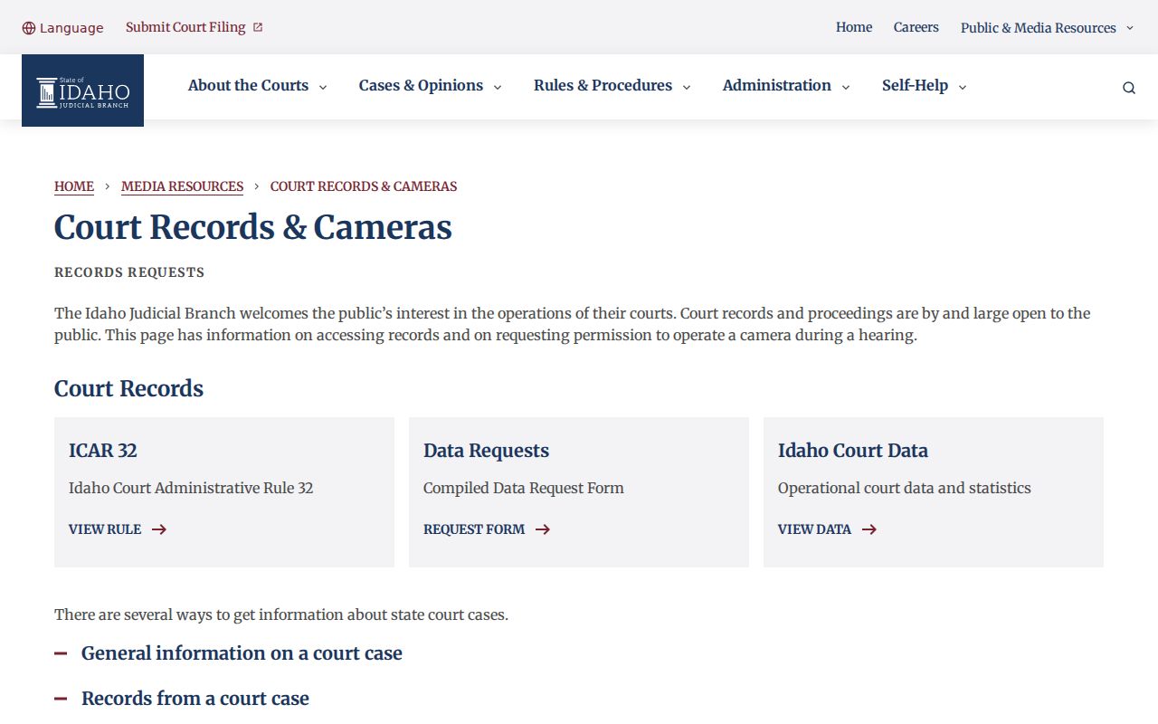Idaho court records and camera request guidance
