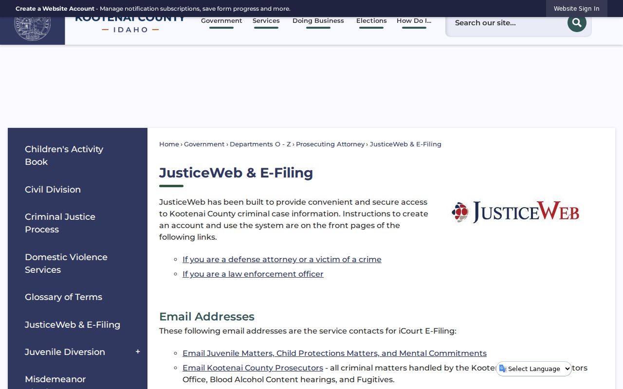 Kootenai County JusticeWeb restricted access information