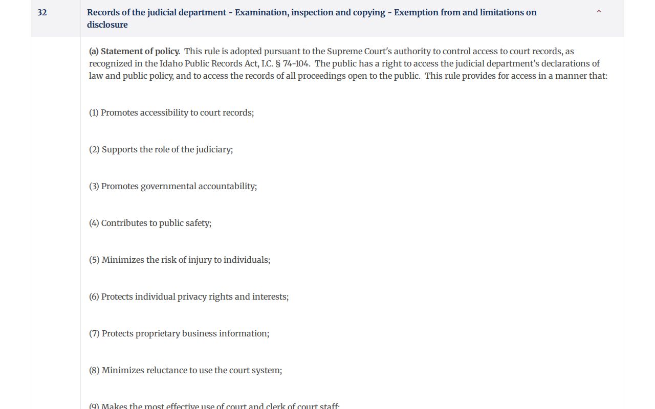 Idaho Court Administrative Rule 32 records access page