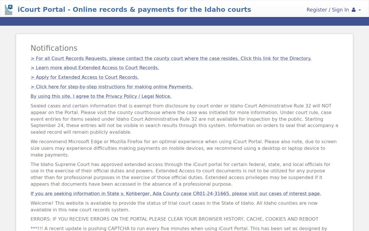 Kootenai County criminal history Idaho iCourt search portal