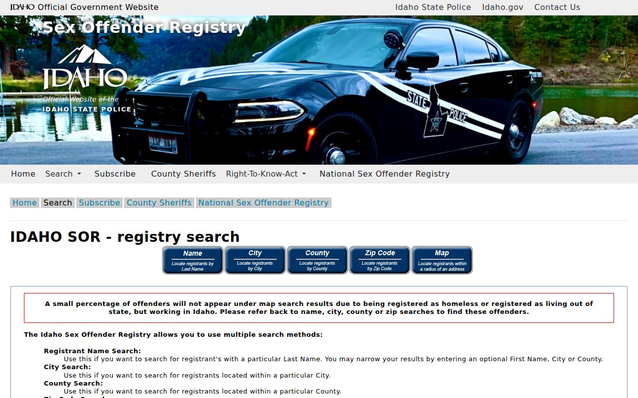 Idaho registry search interface for Kootenai County sex offender lookups
