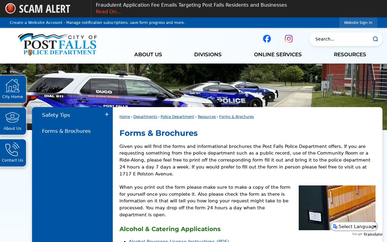 Post Falls criminal record police forms