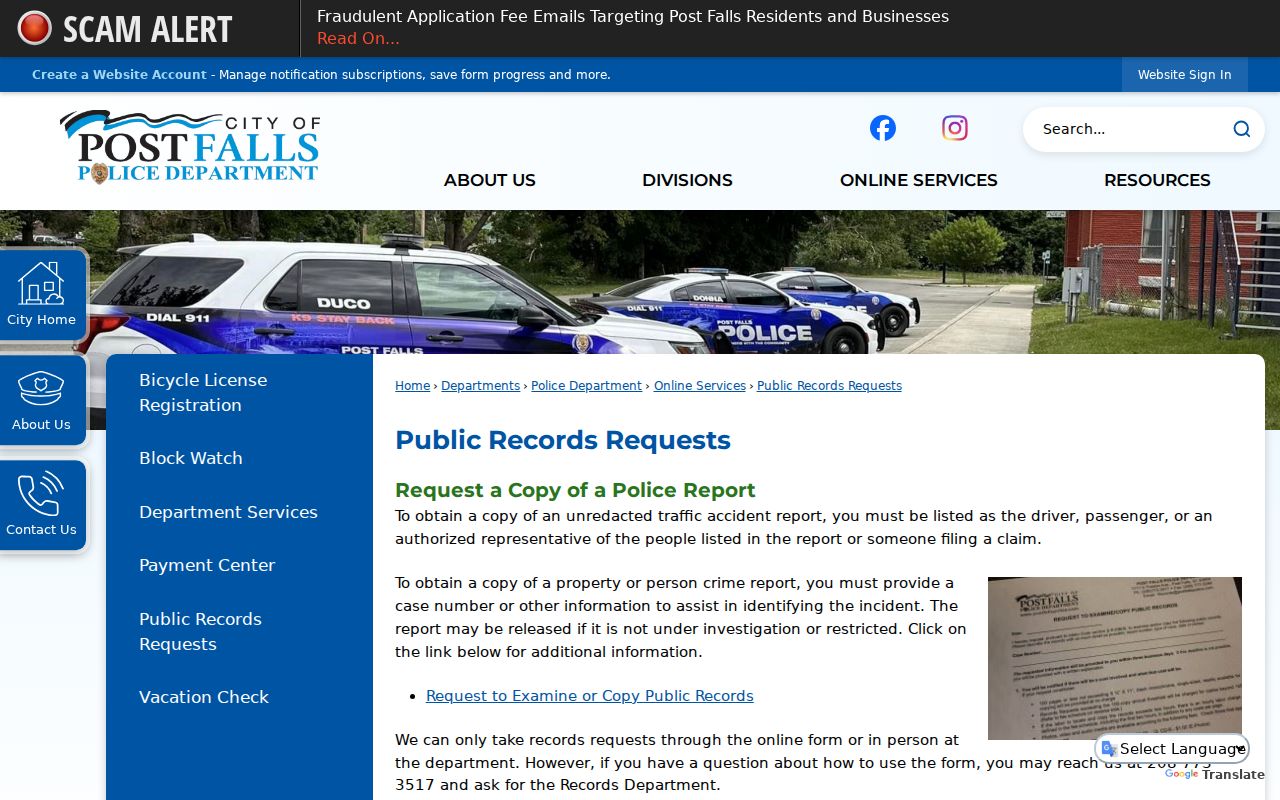 Post Falls criminal records police public request page